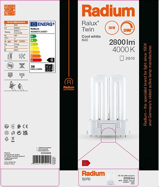 31313055 Compact Fluorescent Lamp Ralux Twin RX TW 36W 840 2G10 31313055 Compact Fluorescent Lamp Ralux Twin RX TW 36W 840 2G10