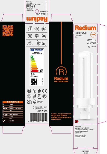 Ampoule Fluocompacte Radium Ralux Duo 13W/840 – Blanc Neutre – Douille G24d-1 – Neuf