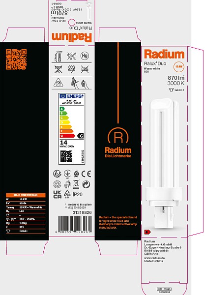 Tube Fluorescent Radium Duo RX-D 13W 840 - 2 Broches à Gauche, Vendu à L'unité, Neuf Sous Emballage